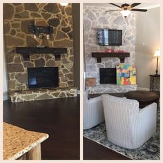 there are two pictures of a living room with stone fireplaces and tv on the wall