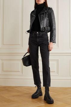 Distressed Leather Jacket, Looks Black, All Black Outfit, Looks Chic, 가을 패션, Black Leather Jacket, Distressed Leather