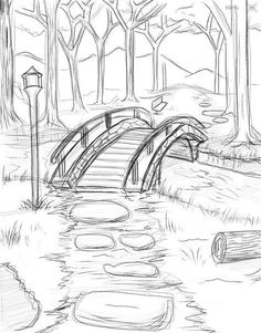 a drawing of a bridge in the woods