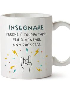 a white coffee mug with the words insignare on it and an image of a rock star