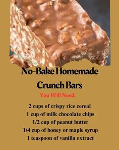 Melt milk chocolate chips, peanut butter, and honey/maple syrup in a microwave or double boiler. Mix with vanilla extract. Combine with crispy rice cereal & salt. Press into a lined 8x8 pan & chill 1 hour. Cut into squares. Enjoy fresh or store in fridge for up to 1 week.\n#NoBake #CrunchBars #HomemadeGoodness No Bake Chocolate Crunch Bars, No Bake Homemade Crunch Bars, No Bake Crunch Bars, No Bake Bars Recipes, Beach Desserts, Homemade Crunch Bars, Frugal Pantry, Crunch Bars Recipe, Crunch Bars