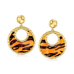 Ross-Simons - Italian Tiger-Print Enamel Drop Earrings in 14kt Yellow Gold. Let your style roar! Our exotic earrings from Italy feature playful tiger-print enamel in a chic open-space drop design that will add excitement to any outfit. Crafted in textured and polished 14kt yellow gold. Hanging length is 1". Post/clutch, tiger-print enamel drop earrings. Tiger Earrings, Jewelry Presentation, Gemstone Drop Earrings, Knot Stud Earrings, Knot Studs, Gold Sign, Drop Design, Tiger Lily, Drops Design