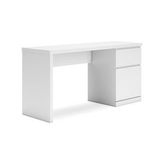 a white desk with two drawers on the bottom and one drawer at the top, in front of a white background