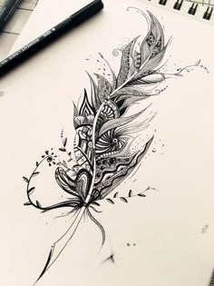 an ink drawing of a feather on paper