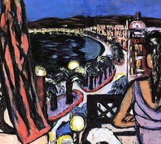 a painting of a woman sitting at a table looking out over the ocean and city lights