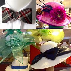 four hats with different colors and designs on display at a hat shop, including one wearing a bow tie