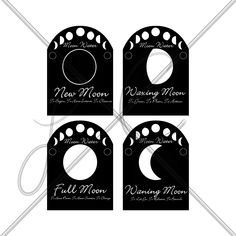 four black and white tags with the words new moon on them