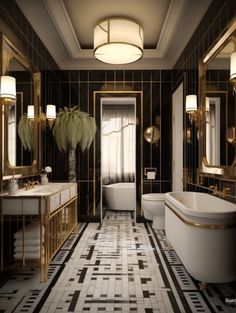 an elegant bathroom with black and gold decor