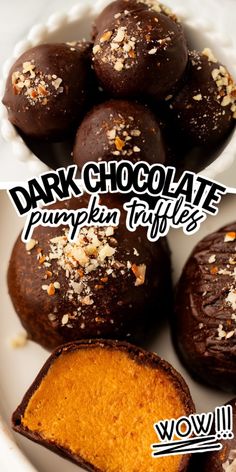 chocolate pumpkin truffles on a plate with the words dark chocolate pumpkin truffles