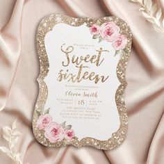 a pink and gold glitter sweet sixteen birthday party with roses on the front, white background