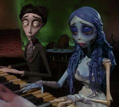 a skeleton playing the piano next to a woman in a dress with long blue hair