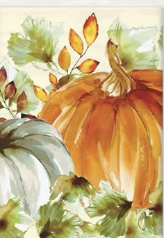 a painting of pumpkins and leaves on a white background