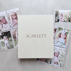 a book with pictures of children on it and the words scarlett written in gold