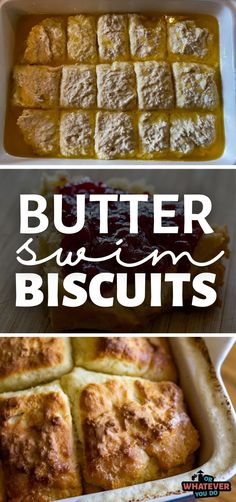 butter and jam biscuits in a baking dish with the words butter and jam biscuits above it