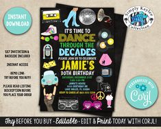 it's time to dance through the decades birthday party printables - digital file