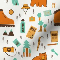 an image of a bear and other items on a white background that is very colorful