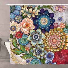 a colorful shower curtain with flowers on it in a bathroom setting that looks like an art work