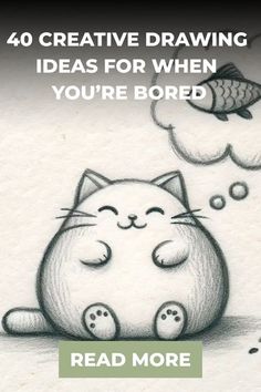 a drawing of a cat with its eyes closed and the caption reads, 40 creative drawing ideas for when you're bored read more