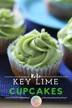 key lime cupcakes on a blue plate with text overlay that reads, key lime cupcakes