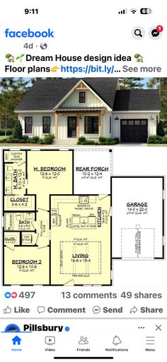 the floor plan for a two story house with 3 bedroom and 2 bathroom, is shown