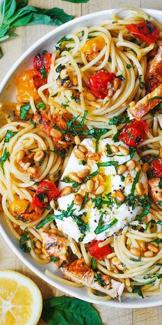 Chicken Spaghetti with Burrata Cheese, Cherry Tomatoes, Lemon Butter Garlic Sauce, and Pine Nuts on a white plate Chicken And Burrata, Fun Dinner Ideas For Couples, Spaghetti With Burrata, Lemon Butter Garlic Sauce, Butter Garlic Sauce, Spaghetti Dishes, Gray Stuff, Roasted Cherry