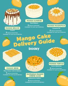 a poster with different types of cakes and desserts on the front, along with words describing