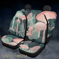 the car seat covers are designed with mushrooms and plants in pastel colors on black background