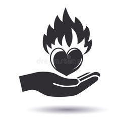 a hand holding a heart with flames