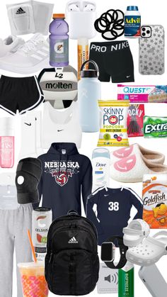 an assortment of sports items including backpacks, water bottles and shoes