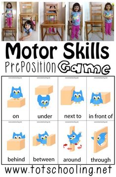 a poster with pictures of children's chairs and owls on them that read motor skills preposition game