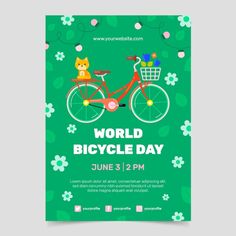 the world bicycle day poster is displayed on a green background with white flowers and leaves