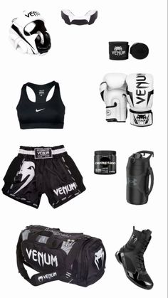 various types of boxing gear including gloves, pads and bags are shown in this image