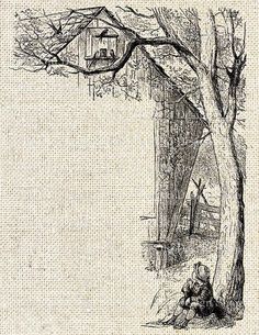 a drawing of a person sitting under a tree with a bird house in the background