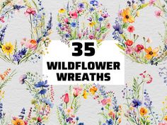 watercolor wildflowers with the text 35 wildflower wreaths