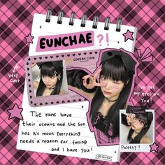 a girl with long black hair is shown in a pink and black plaid pattern background