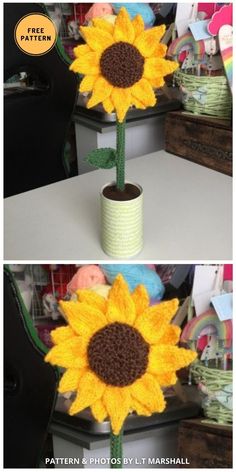 crocheted sunflower in a vase on a table with text overlay that says free pattern