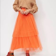 Anthropologie New With Tags Skirt Size Small Evelyn Tulle Midi Skirt Orange A Striking Tulle Overlay Infuses This Skirt With A Dainty, Oh-So-Feminine Style. Polyester; Modal Lining Midi Silhouette Pull-On Styling Machine Wash Imported Dimensions Standard: 25"L Smoke-Free Environment Thank You For Looking, Shopping For Sustainable Fashion And Support My Small Business. Orange Tiered Maxi Skirt For Spring, Chic Orange Tiered Skirt, Casual Spring Tulle Skirt, Fall Tiered Tulle Maxi Skirt, Non-stretch Tulle Maxi Skirt, Orange Tiered Lined Maxi Skirt, Casual Tulle Maxi Skirt For Spring, Orange Tiered Skirt For Spring, Spring Long Tulle Skirt Bottoms