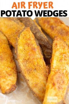 air fryer potato wedges on wax paper with text overlay