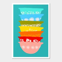 a stack of colorful bowls sitting on top of each other in front of a blue background