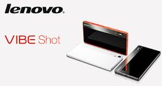 the lenovo vibe shot tablet is shown in red and white, next to an image of