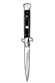 a black and white drawing of a knife with a sharp blade sticking out of it