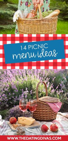 the picnic menu with an image of a baby in a basket and some wine glasses