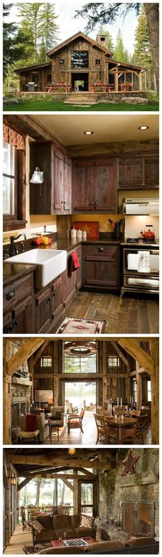 three pictures of the inside of a log cabin with wood floors and cabinets, including an oven