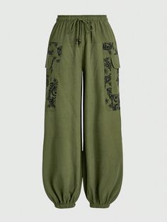 Bohemian Elf Nepal Sun Moon Star Pattern Cargo Pants Army Green Casual   Woven Fabric Graphic Jogger Non-Stretch  Women Clothing, size features are:Bust: ,Length: ,Sleeve Length: Goblincore Pants, Druid Clothes, Army Green Clothes, Granola Clothes, Moss Clothes, Olive Clothes, Cottagecore Pants, Sweater Outfits Men, Green Clothing