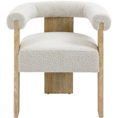 a white chair with wooden legs and a fabric seat pad on the armrests