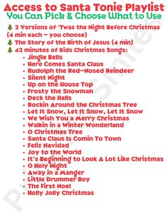 the christmas song is shown in red and green, with words that read access to santa tone playlist you can pick & choose from