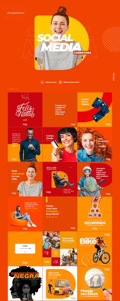 an orange and red web page with many different types of logos on it's sides