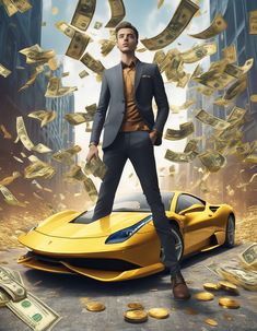 a man in a suit standing on top of a yellow car with money flying around him