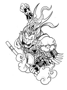 an ink drawing of a demon on a cloud with a baseball bat in his hand