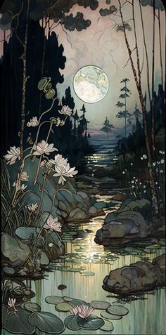 a painting of water lilies and the moon in the sky with trees around it